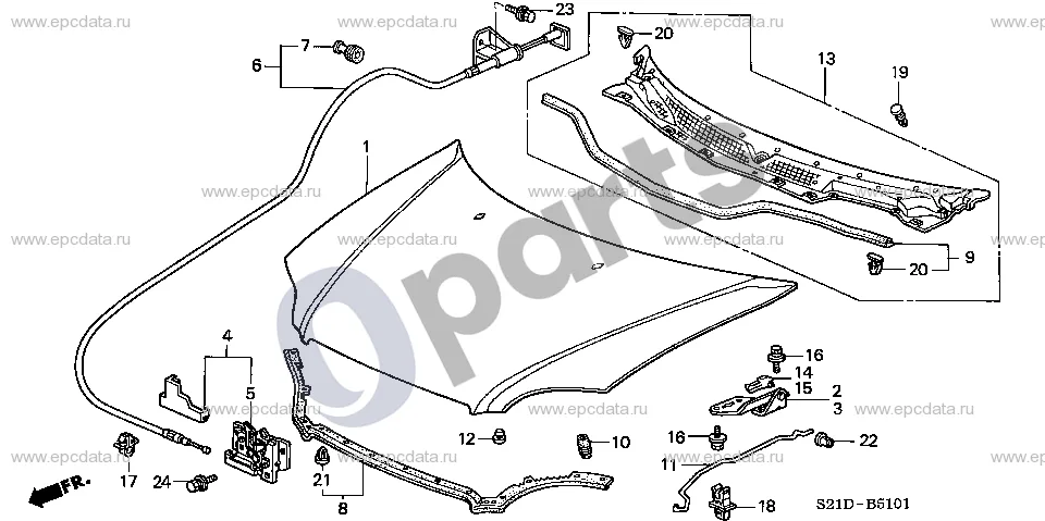 Honda Civic (1996–2000) Kapotas (dešinė) schema – pozicija 18: Traukės laikiklis