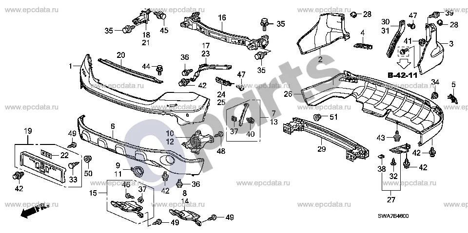 Honda CR-V (2007–2012) Bamperiai schema – pozicija 5: Atšvaitas, kairys galinis, mazgas