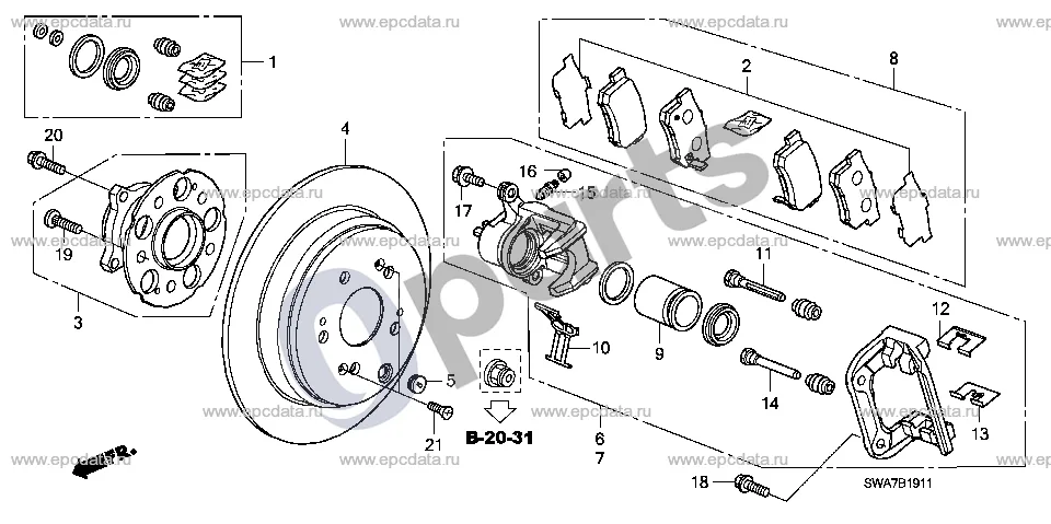 Honda CR-V (2007–2012) Galinis stabdys (2) schema – pozicija 6: Suporto mazgas, dešinys galinis