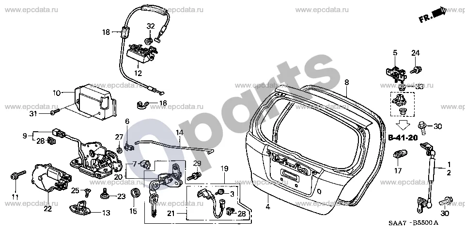 Honda Jazz (2002–2008) Galinis bagažinės dangtis schema – pozicija 9: Spyna, galinio dangčio