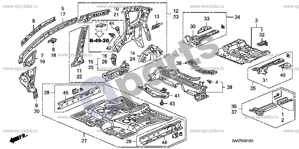 Honda Jazz (2002–2008) Grindų / vidinės plokštės schema – pozicija 5: Statramstis, dešinysis priekinis vidinis viršutinis
