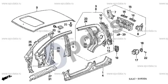 Honda Jazz išoriniai skydai / galinis skydas – schema