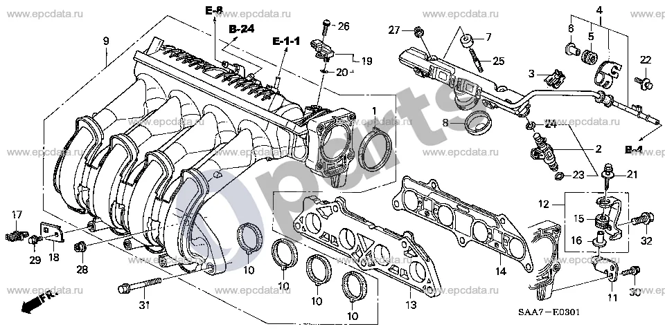 Honda Jazz (2002–2008) Įsiurbimo kolektorius (2, L12A1) schema – pozicija 24: Purkštuko sandarinimo žiedas