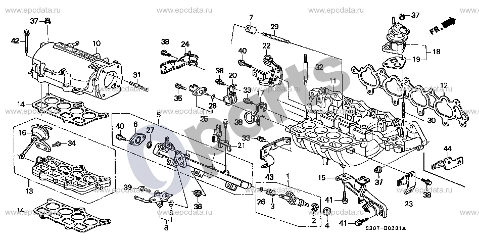 Honda Prelude (1997–2001) Įsiurbimo kolektorius (DOHC, H22A5) schema – pozicija 25: Oro temperatūros jutiklio komplektas