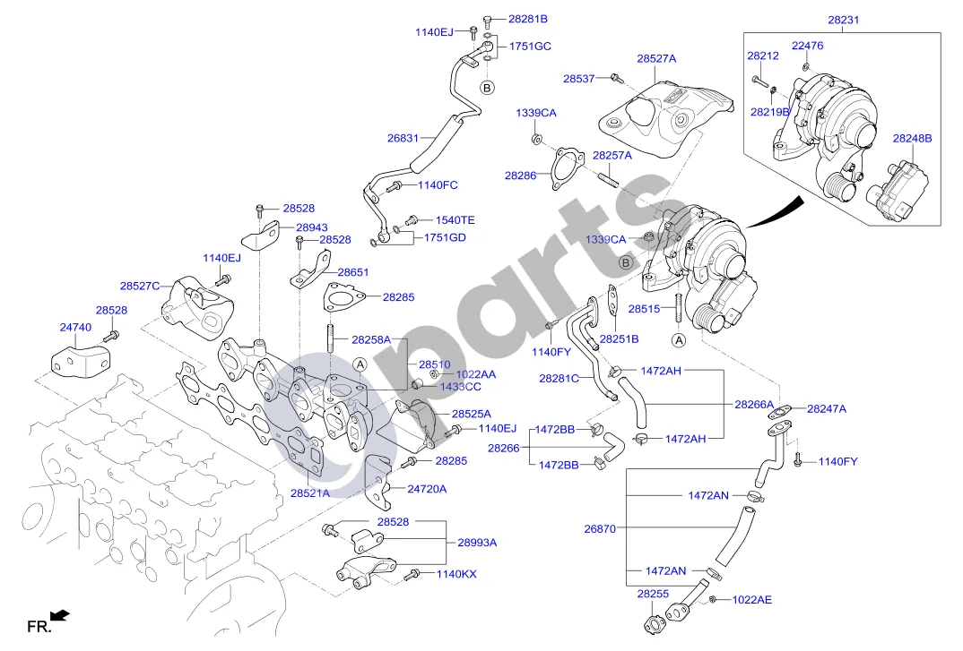 Hyundai Tucson TL (2015–) Išmetimo kolektorius (2000 CC - R) schema – pozicija 28248B: Turbokompresoriaus pavara