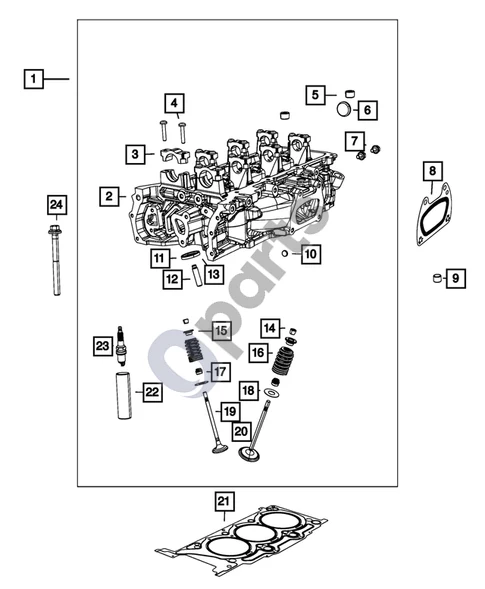 Jeep Grand Cherokee (2010–2021) Cilindrų galvutė schema – pozicija 8: Išmetimo flanšo ir cilindrų galvutės tarpiklis (To Cylinder Head. Exhaust Flange to Manifold.)