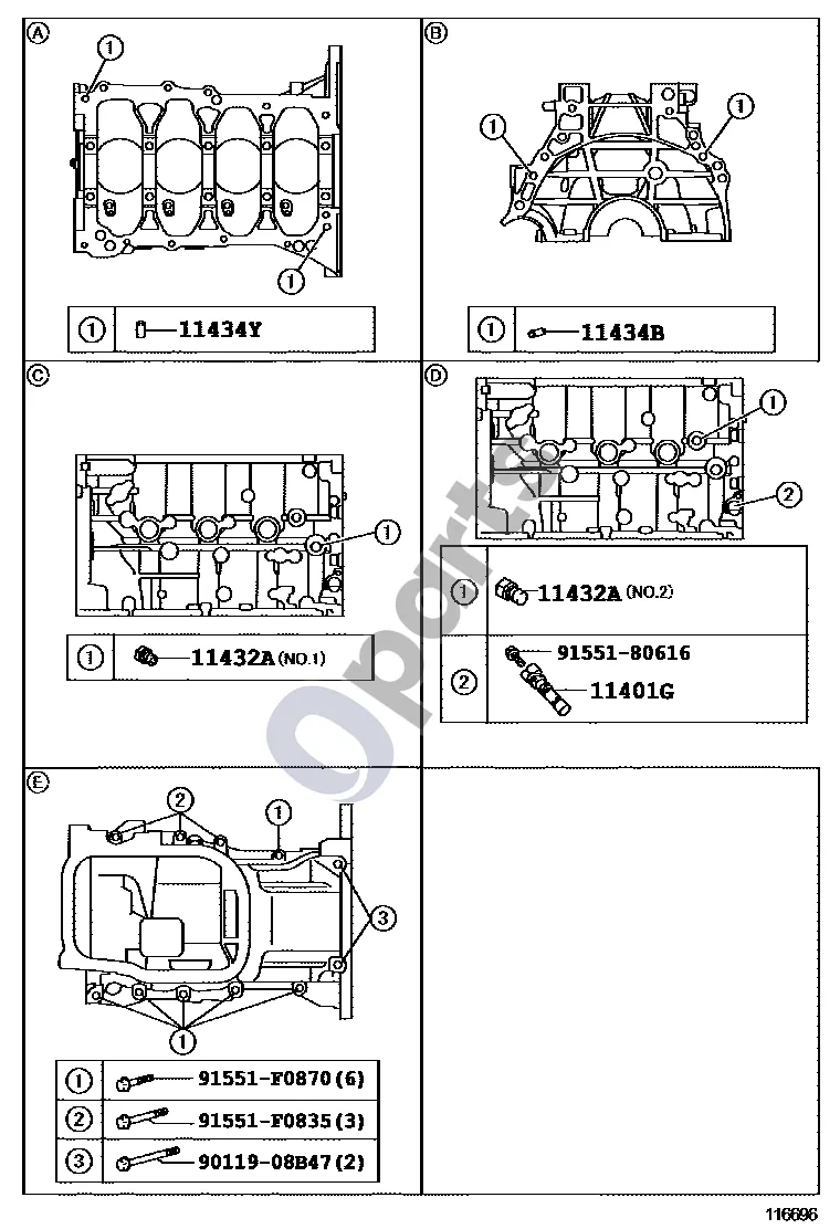 Lexus CT 200H Cilindrų blokas schema – pozicija 11432A: Kamštis su kūgine srieginė galvute Nr. 1