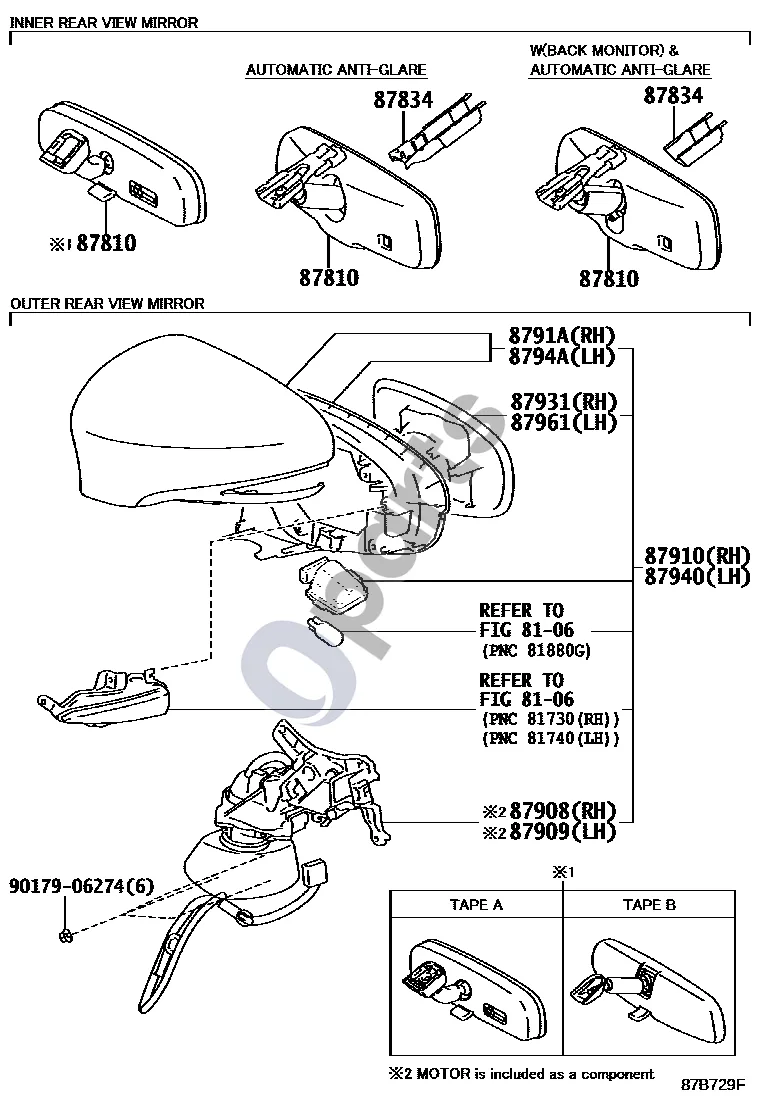 Lexus CT 200H Veidrodis schema – pozicija 87810: Vidinio galinio vaizdo veidrodžio mazgas