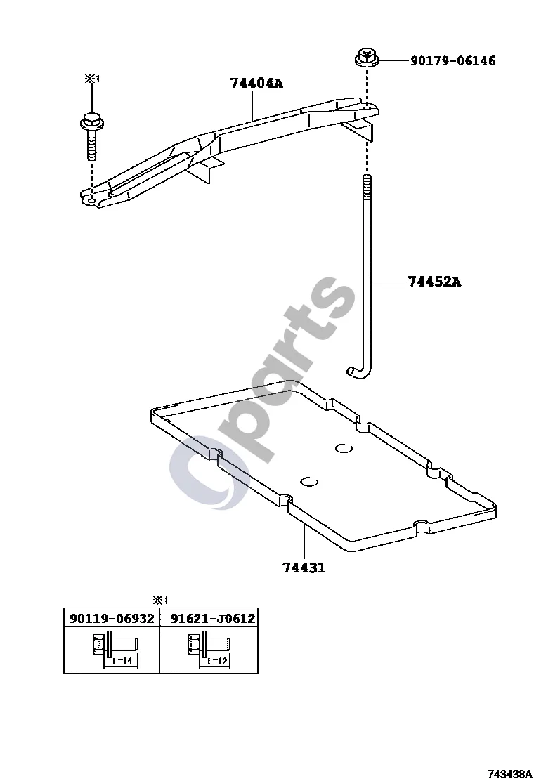 Lexus ES 250 - 300 - 330 Akumuliatoriaus lizdas schema – pozicija 74452A: Akumuliatoriaus apkabos varžtas Nr. 2