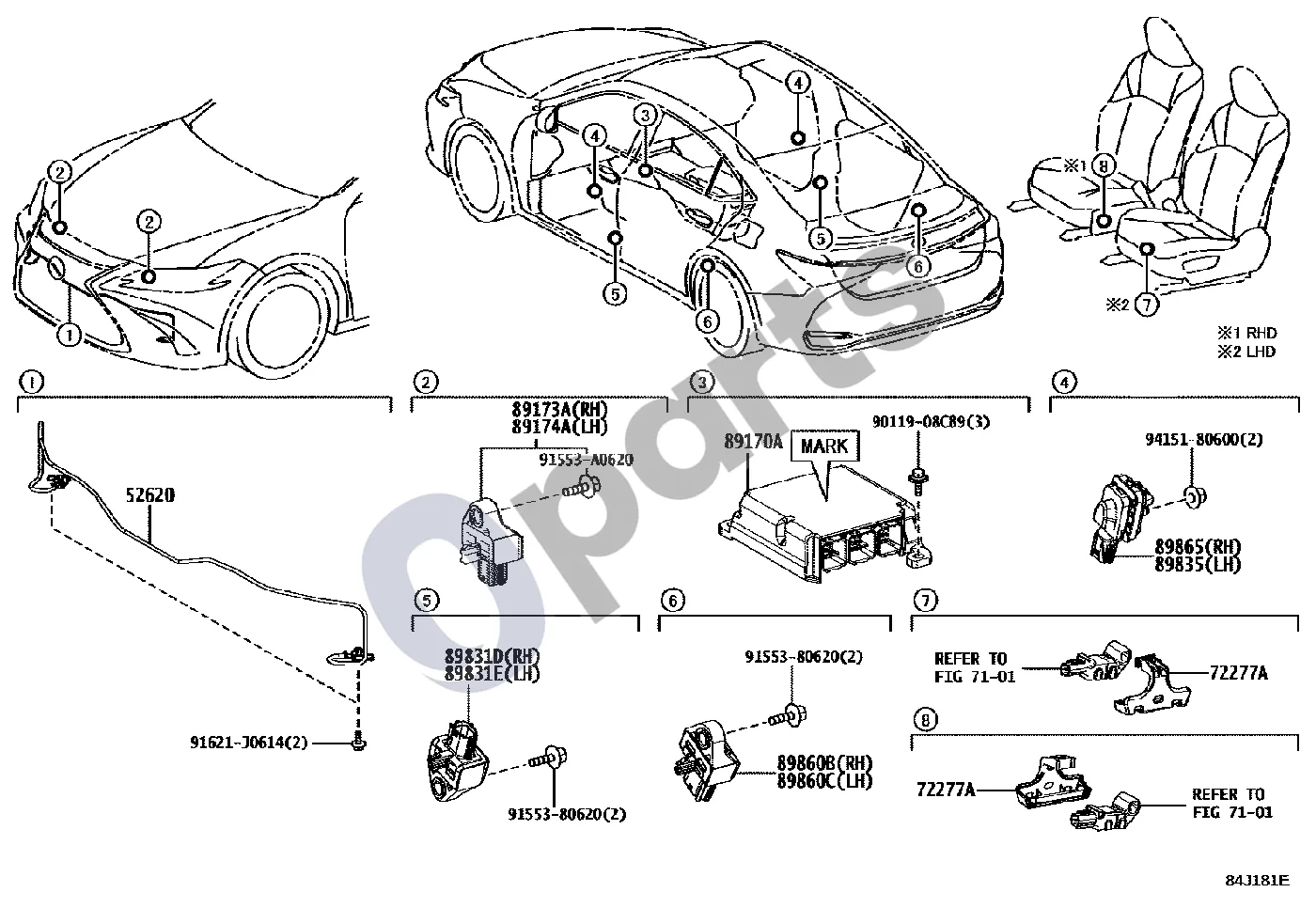 Lexus ES 300h (7th Gen) (2018–2025) Oro pagalvė schema – pozicija 89831D: Grindų šoninės oro pagalvės jutiklis, dešinys