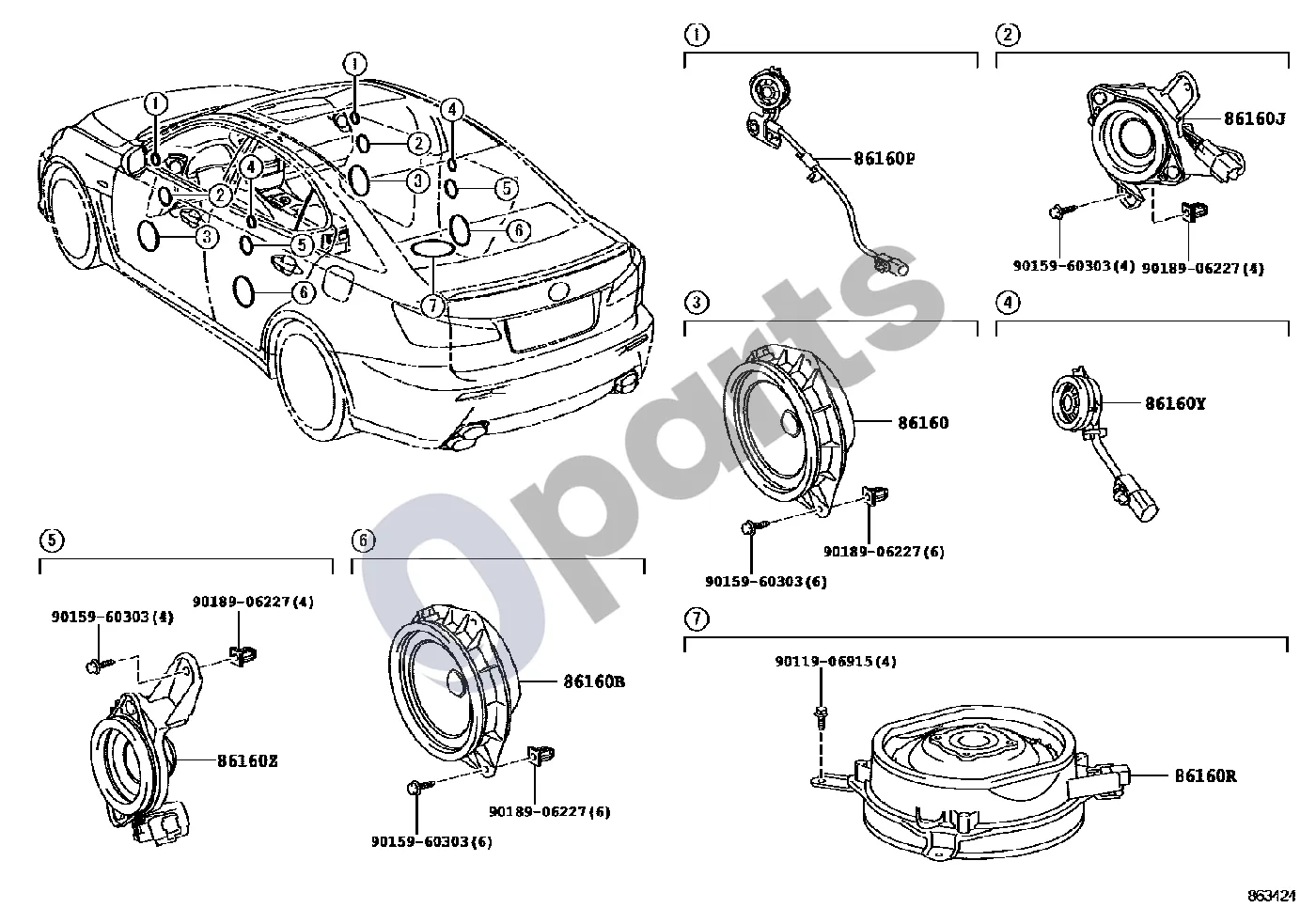 Lexus IS-F Garsiakalbis schema – pozicija 86160B: Galinis garsiakalbis
