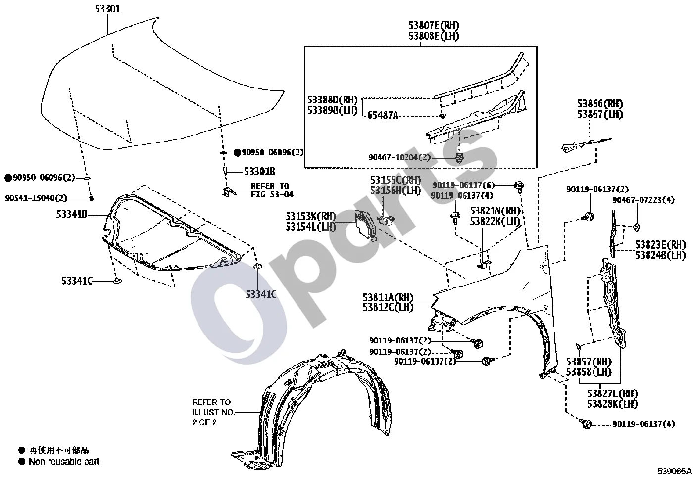 Lexus LBX (2024–) Variklio dangtis ir priekinis sparnas schema – pozicija 53866: Priekinio sparno ir priekinio skydo šono sandariklis, dešinysis