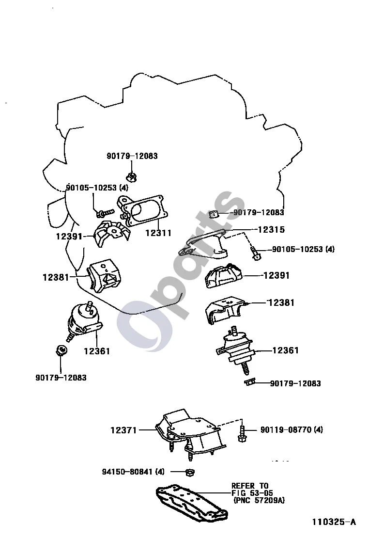 Lexus LS 400 Tvirtinimas schema – pozicija 12371: Variklio atramos izoliatorius, galinis Nr. 1