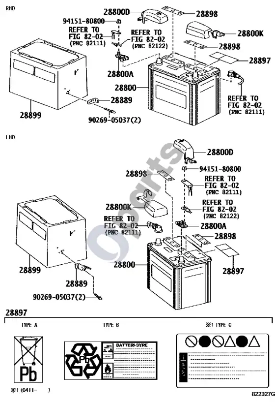 Lexus LS 430 akumuliatorius ir akumuliatoriaus kabelis – schema