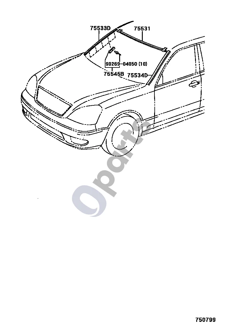 Lexus LS 430 Priekinė apdailos juostelė schema – pozicija 75534D: Priekinio stiklo išorinė apdailos juostelė, kairė