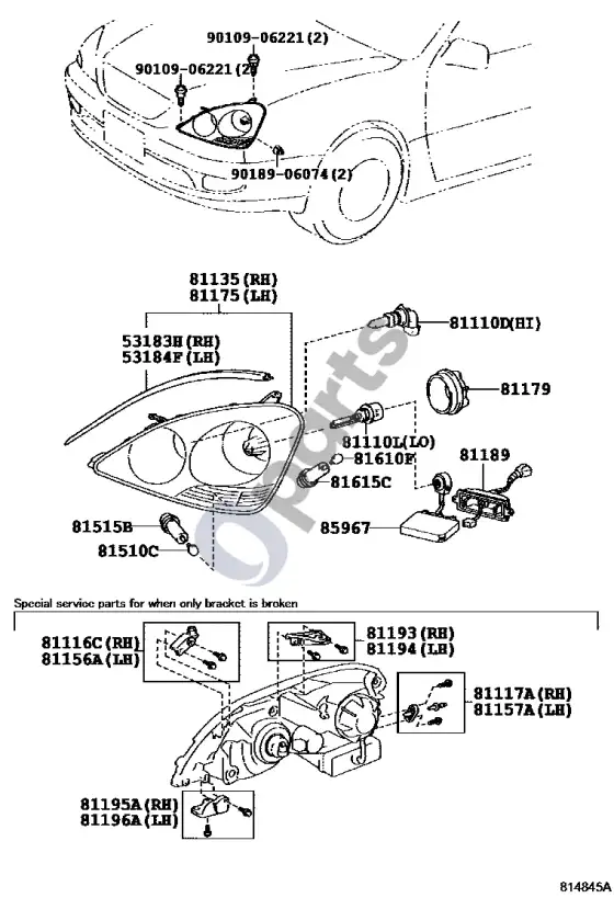 Lexus LS 430 priekinis žibintas – schema