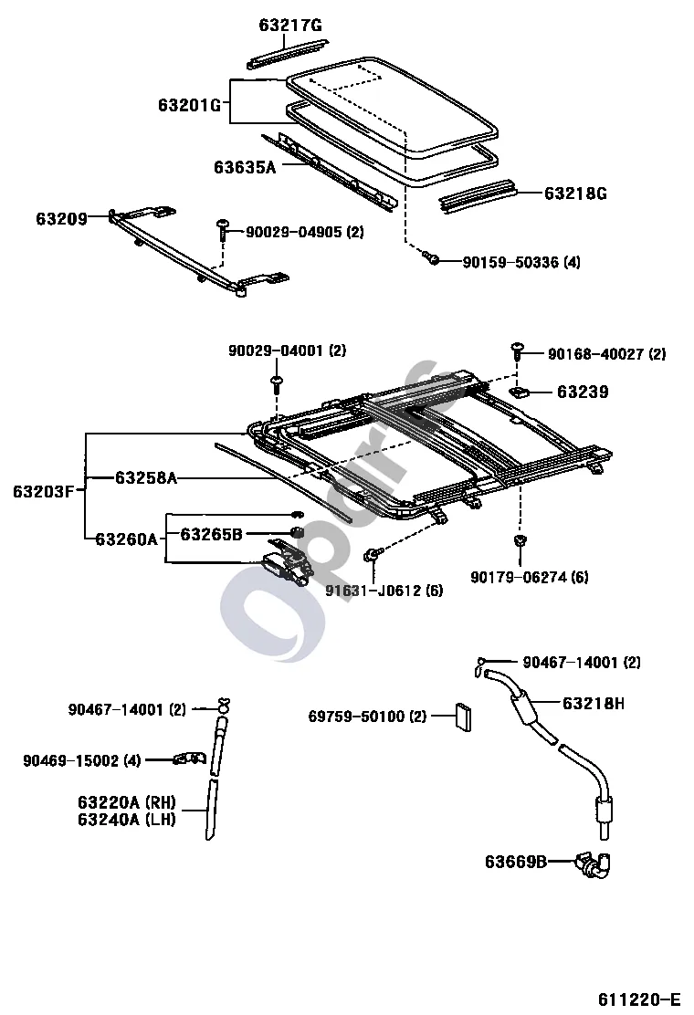 Lexus LS 430 Stogo skydas ir galinis stiklas schema – pozicija 63260A: Stumdomo stogo pavaros krumpliaračio mazgas