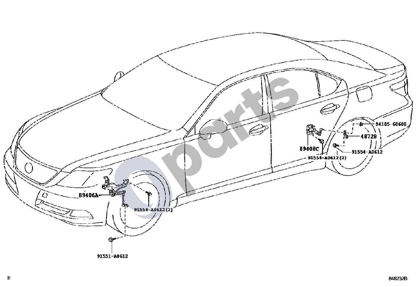 Lexus LS 460 - 600H Elektroninis aukščio reguliavimas schema – pozicija 89408C: Aukščio reguliavimo jutiklio mazgas, galinis kairys