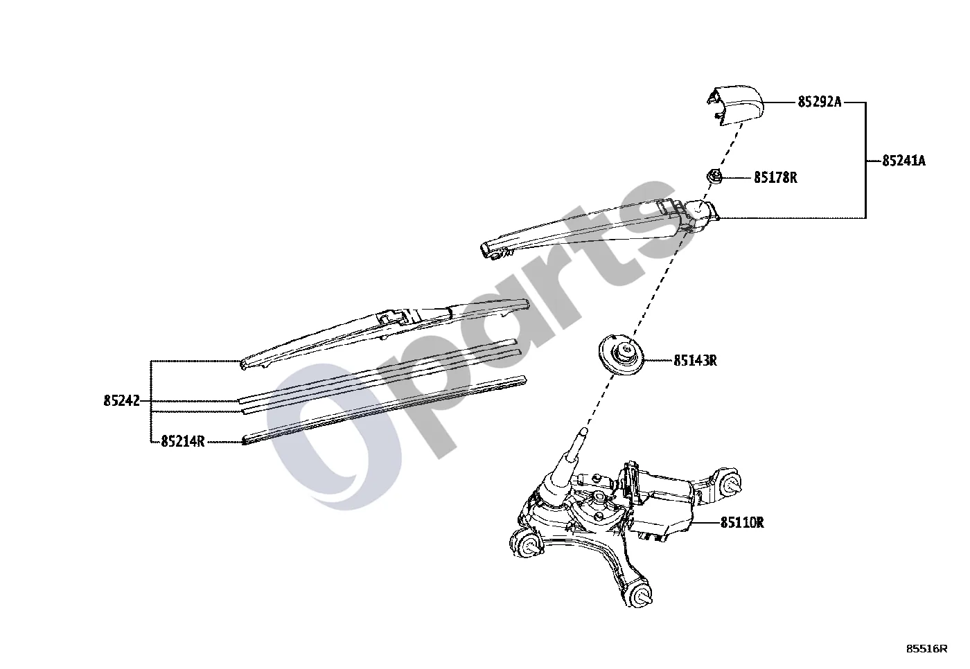Lexus NX (2021–) Galinis stiklo valytuvas schema – pozicija 85110R: Galinio stiklo valytuvo variklio mazgas