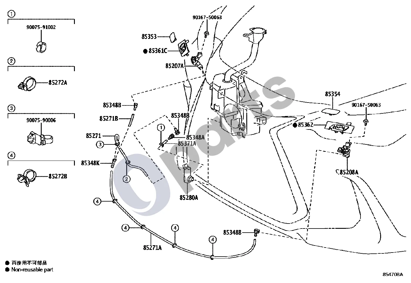 Lexus NX (2021–) Žibintų plovimo sistema schema – pozicija 85208A: Priekinių žibintų plovimo pavara, kairė