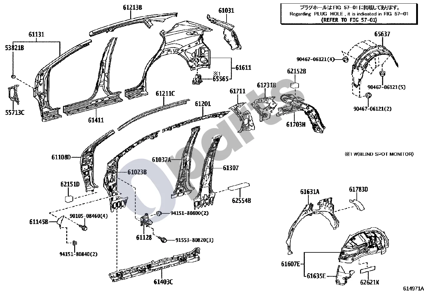 Lexus NX (2014–2021) Lonžeronas (2ARFXE) schema – pozicija 61131: Kėbulo priekinė statramė, viršutinė išorinė, dešinė