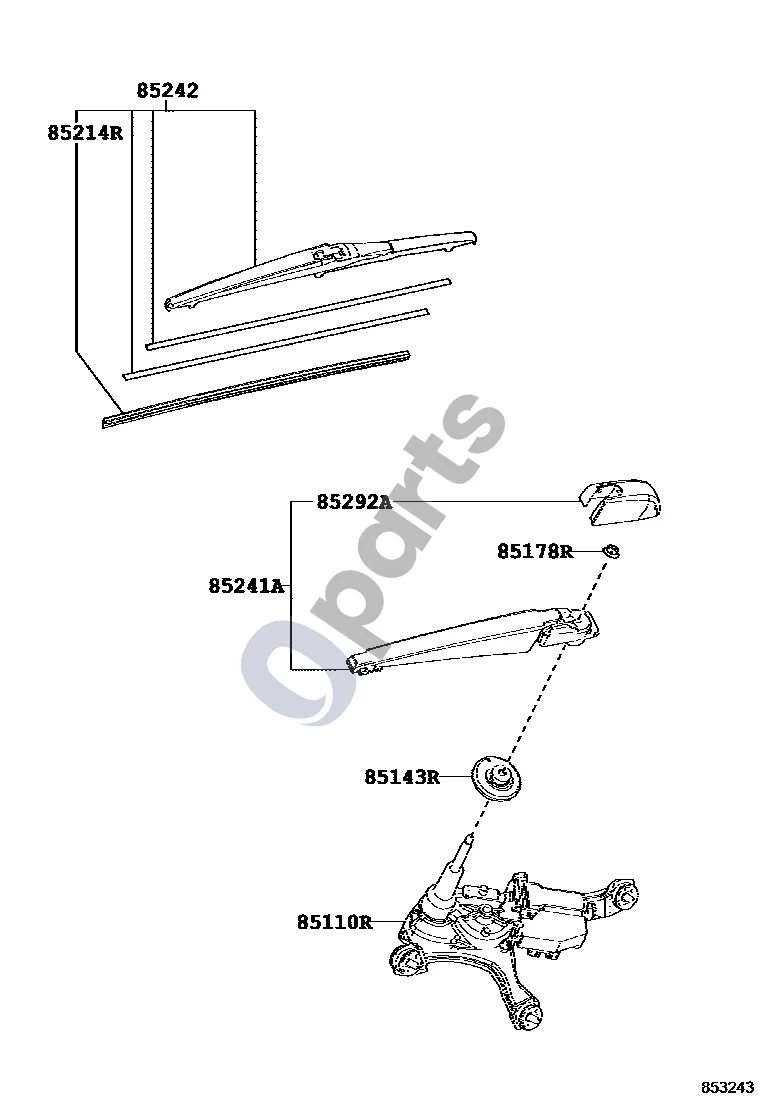 Lexus NX (2014–2021) Galinis stiklo valytuvas schema – pozicija 85110R: Galinio stiklo valytuvo variklio mazgas