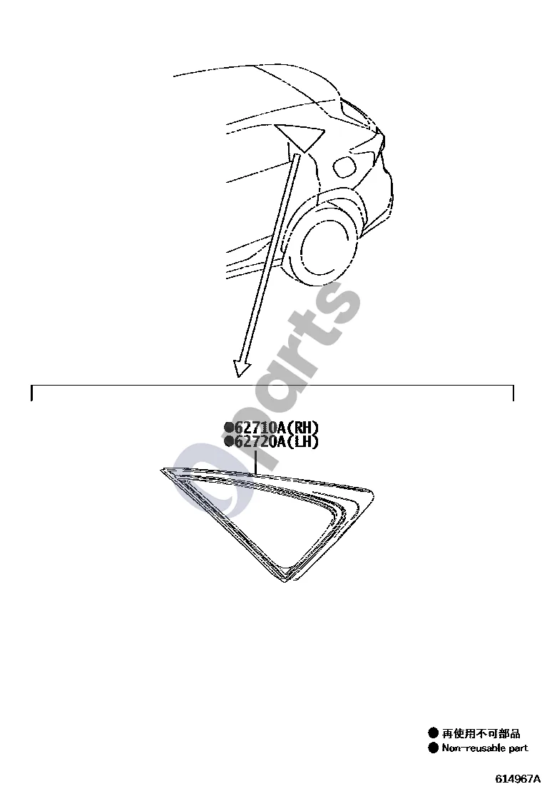 Lexus NX (2014–2021) Šoninis langas schema – pozicija 62710A: Šoninio galinio lango stiklas, dešinys