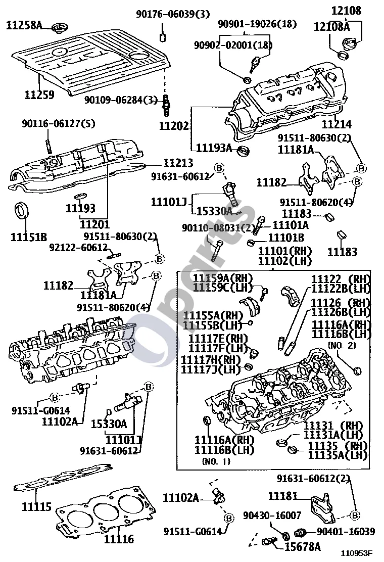Lexus RX 300 Cilindrų galvutė (1MZFE) schema – pozicija 11201: Cilindrų galvutės dangtis