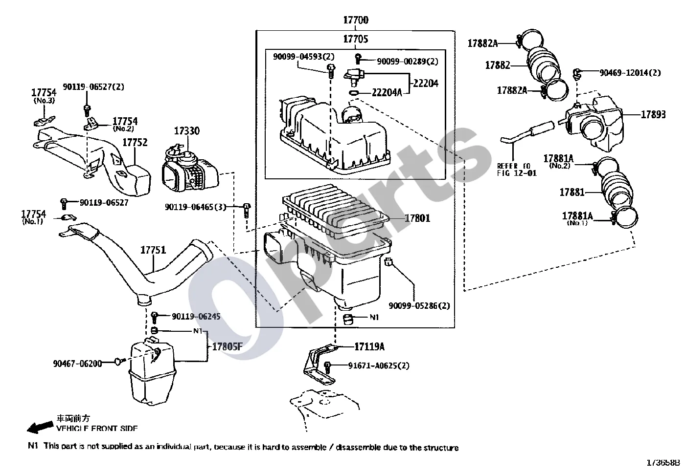 Lexus RX 300 Oro filtras (1MZFE) schema – pozicija 17805F: Įsiurbiamo oro rezonatoriaus mazgas