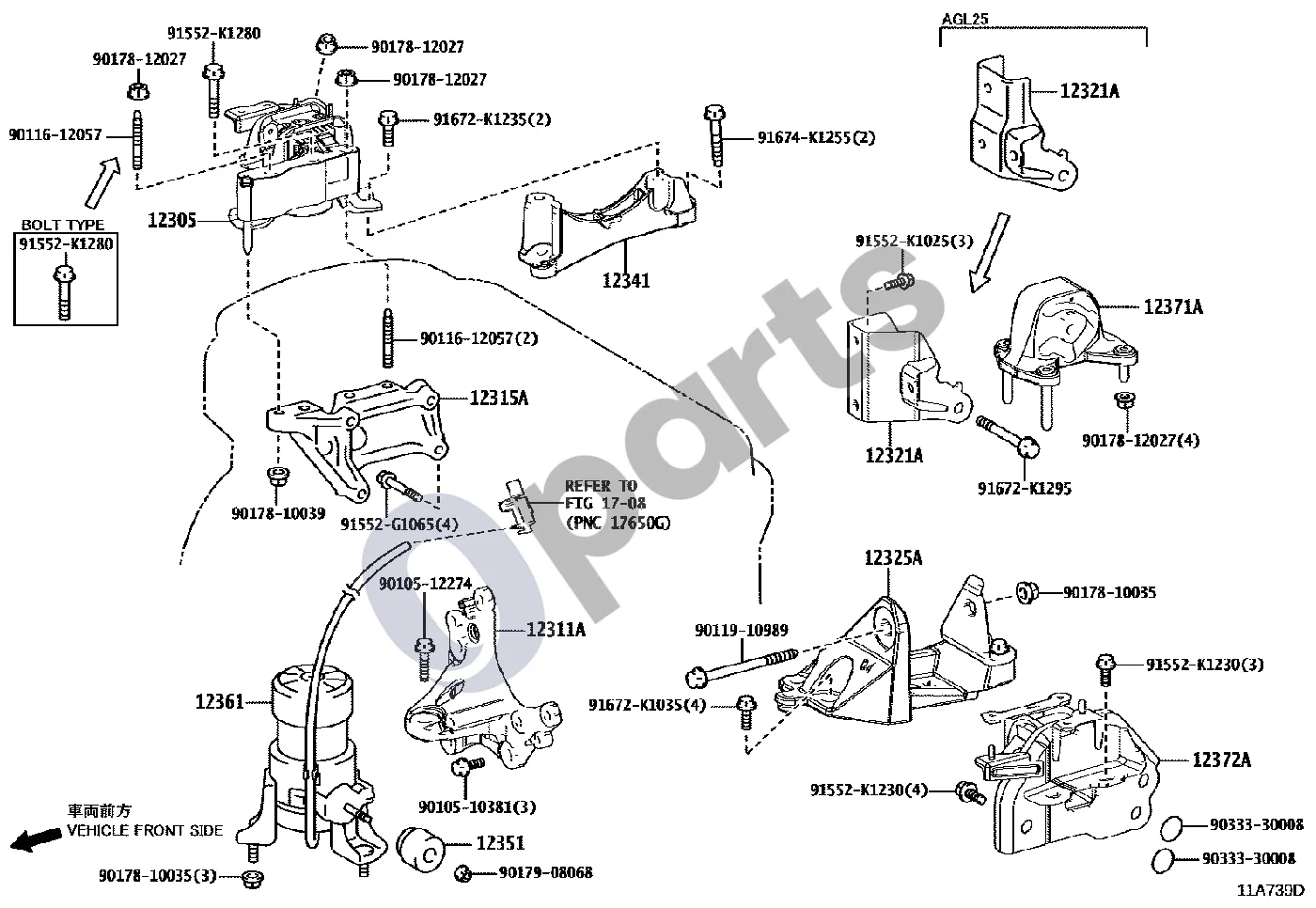 Lexus RX III (2008–2015) Tvirtinimas (8ARFTS) schema – pozicija 12371A: Variklio atramos izoliatorius, galinis