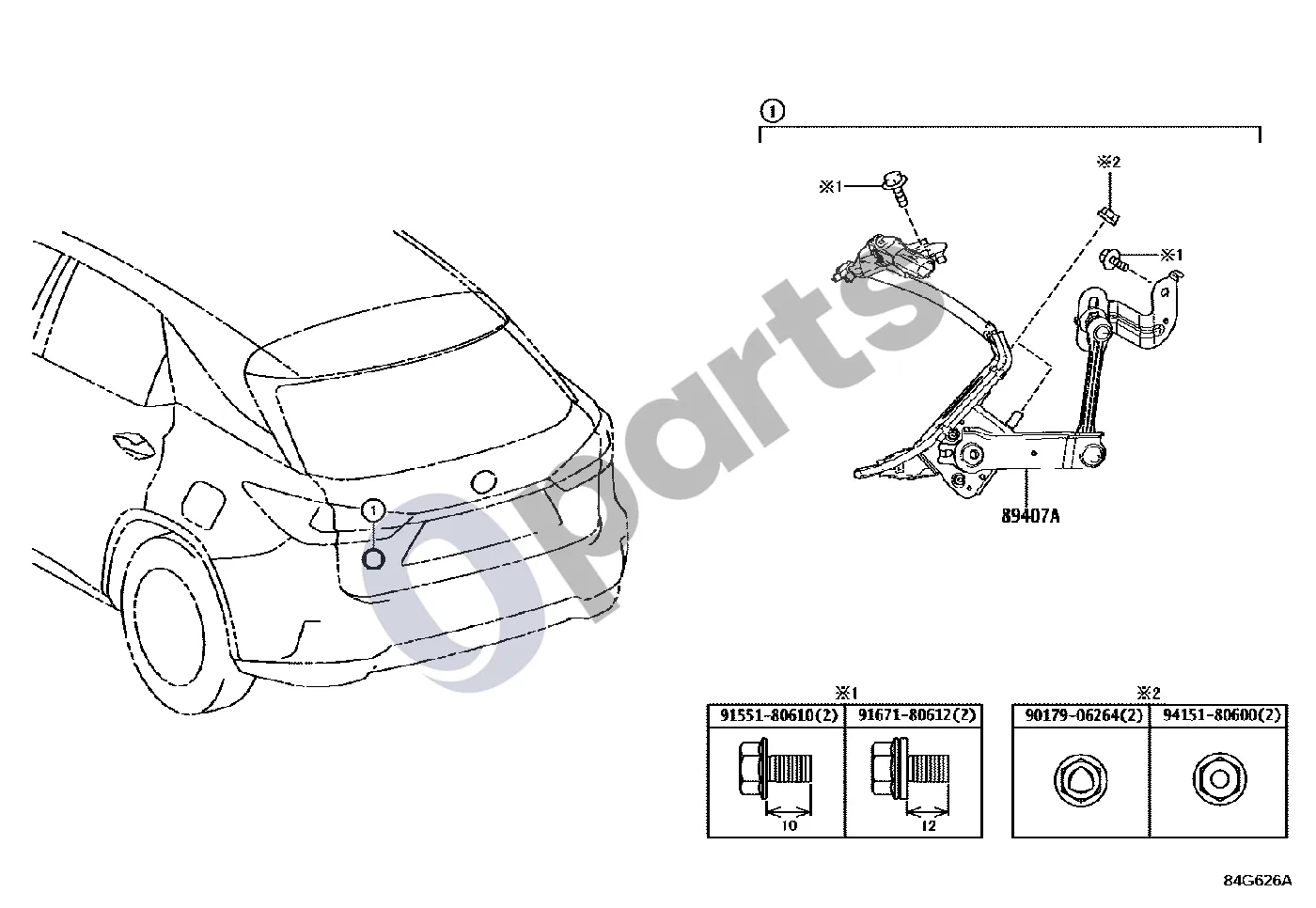 Lexus RX III (2008–2015) Elektroninis aukščio reguliavimas schema – pozicija 89407A: Aukščio reguliavimo jutiklis, galinis dešinys, mazgas