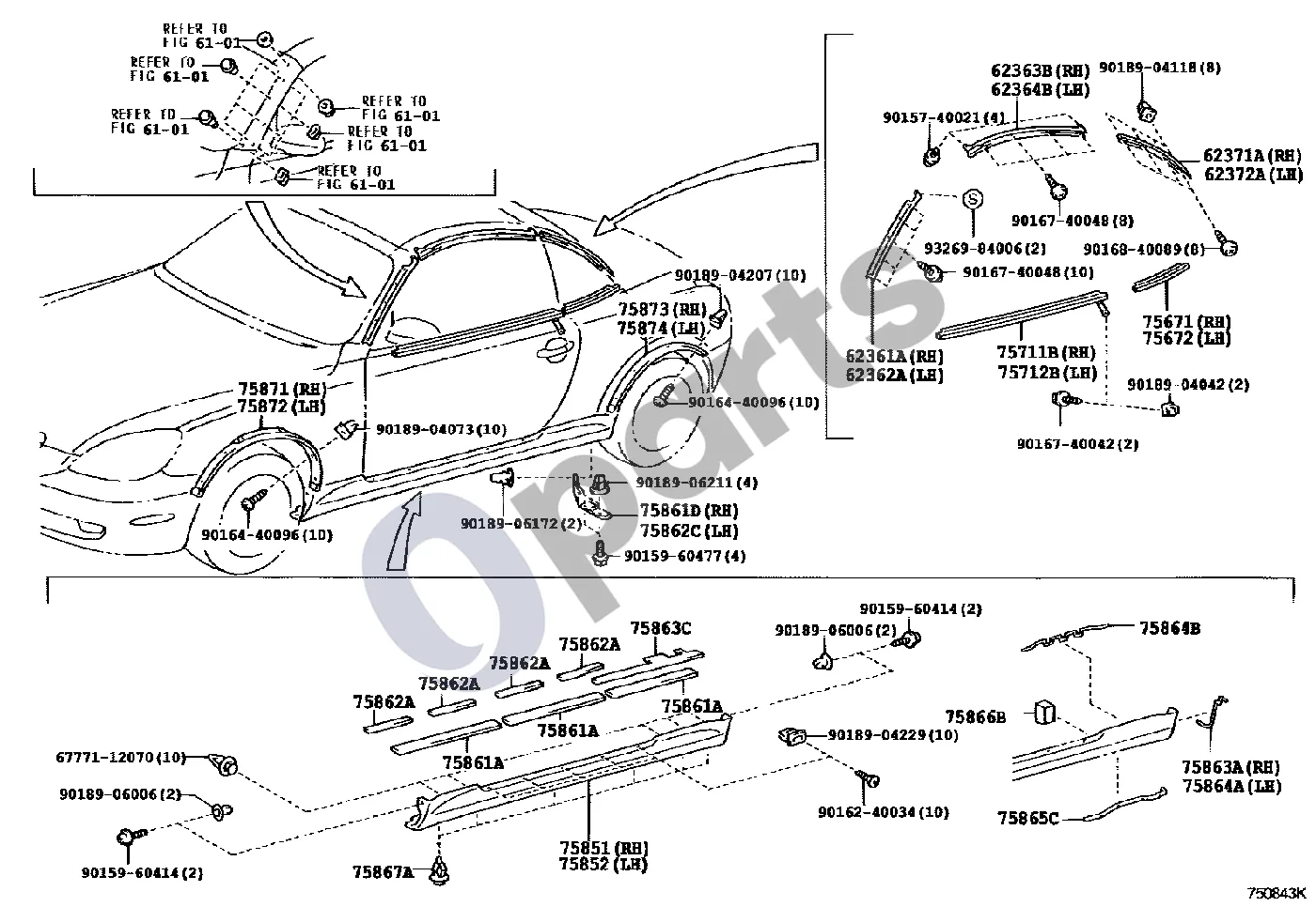 Lexus SC 430 Šoninis lipdelis schema – pozicija 75873: Galinio sparno rato angos apdailos juostelė, dešinė