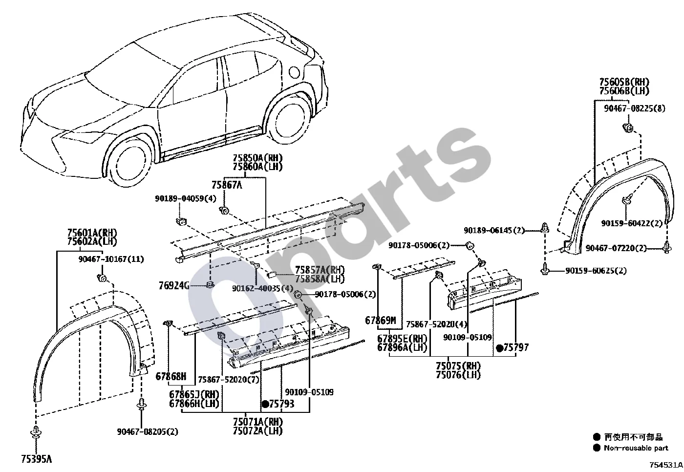 Lexus UX (2018–) Šoninis lipdelis (M20AFKS) schema – pozicija 75601A: Priekinio sparno apdailos juostelė (mazgas), dešinė