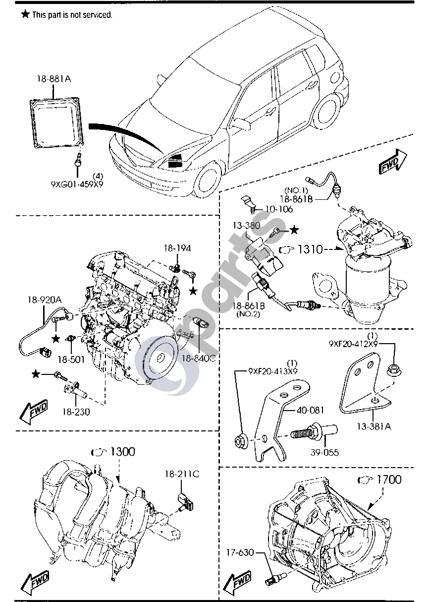 Mazda 2 Variklio jungikliai ir relės (benzinas) schema – pozicija 18920A: Detonacijos jutiklis