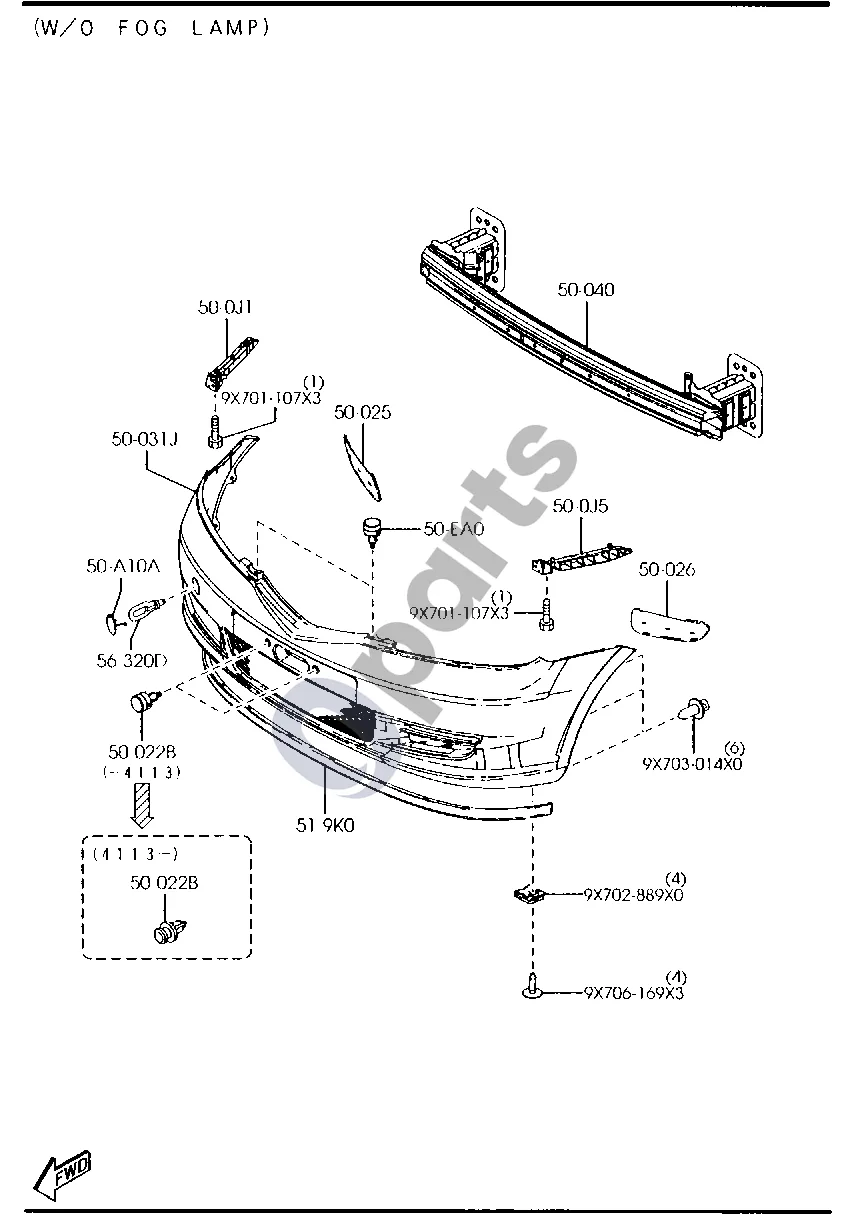 Mazda 2 Priekinis bamperis (be rūko žibintų) schema – pozicija 50022B: Tvirtinimo detalė
