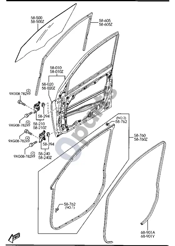 Mazda 2 priekinės durys – schema