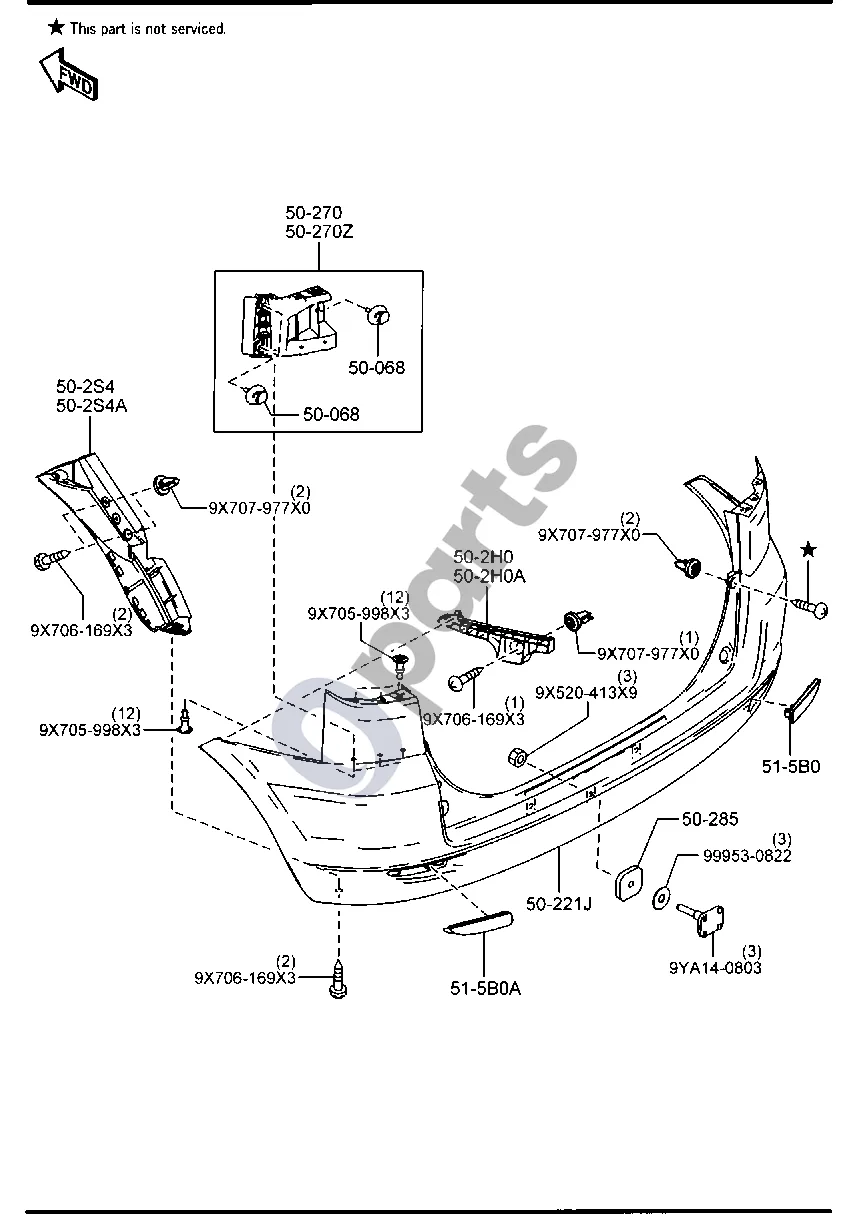 Mazda 2 Galinis bamperis schema – Atšvaitas (kairė), šoninis