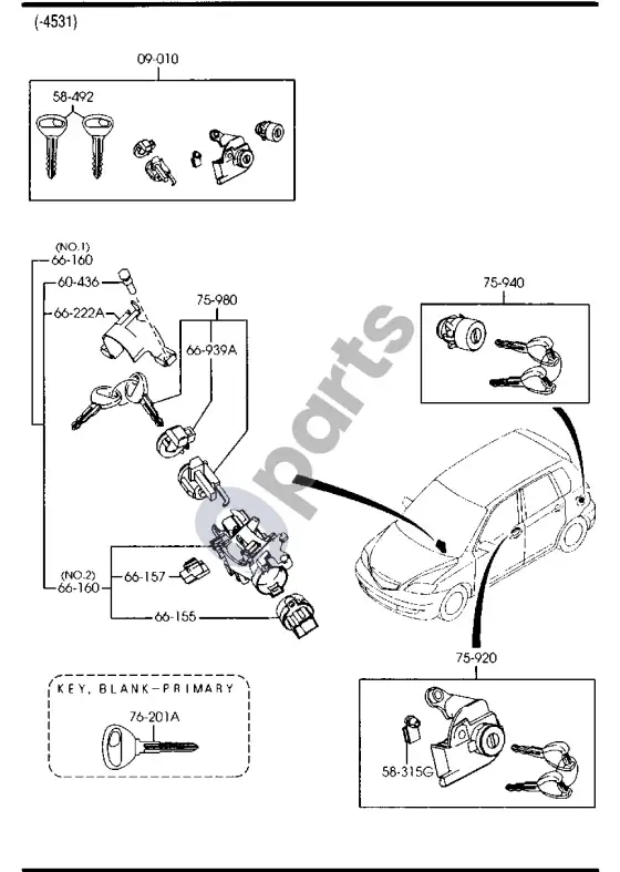 Mazda 2 raktų komplektai – schema