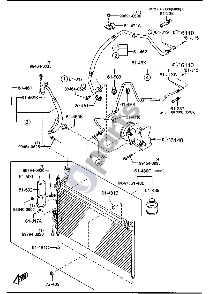 Mazda 2 (2007–2014) Oro kondicionierius (benzinas) schema – pozicija 61480: Kondensatorius