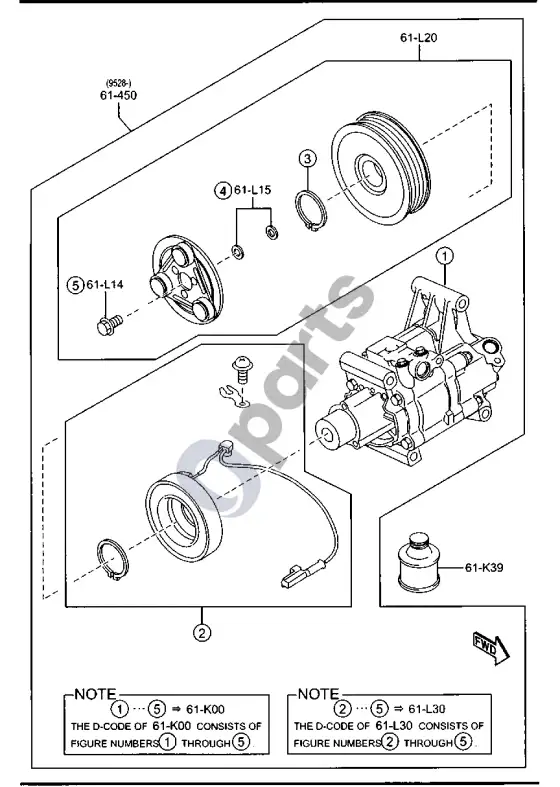 Mazda 2 oro kondicionieriaus kompresoriaus komponentai – schema