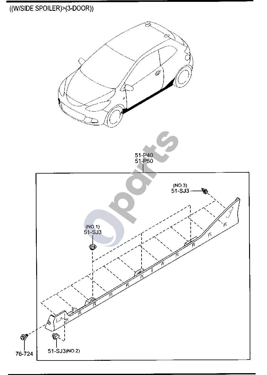 Mazda 2 (2007–2014) Kėbulo apdailos juostos ((su šoniniu spoileriu)>(3 durų)) schema – Spaustukas