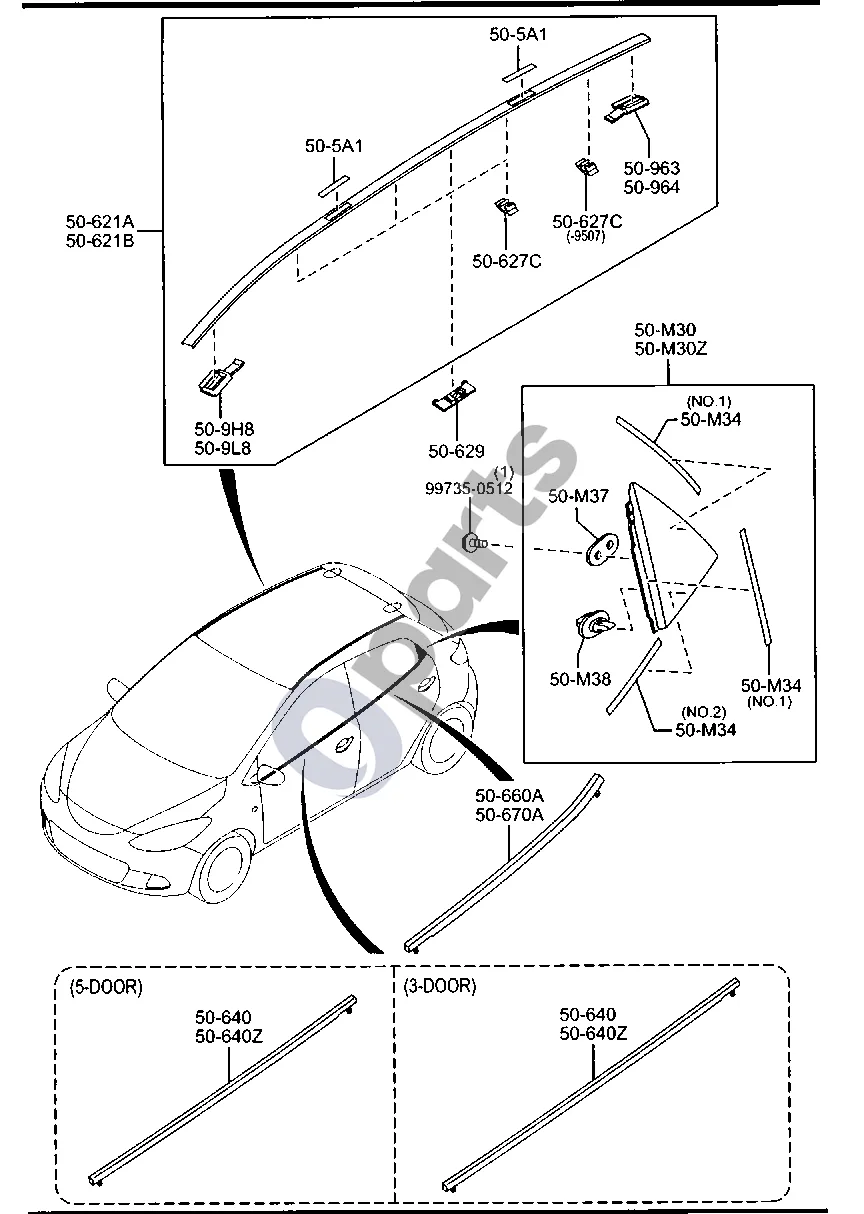 Mazda 2 (2007–2014) Kėbulo apdailos juostos schema – Lietaus nubėgimo juostelės dangtelis