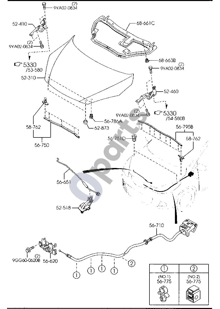 Mazda 2 (2007–2014) Variklio dangtis schema – pozicija 52518: Variklio dangčio atramos laikiklis