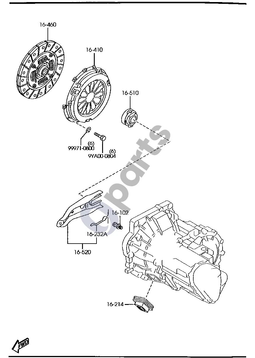 Mazda 2 (2007–2014) Sankabos diskas ir korpusas (benzinas) schema – pozicija 16520: Sankabos išjungimo šakutė