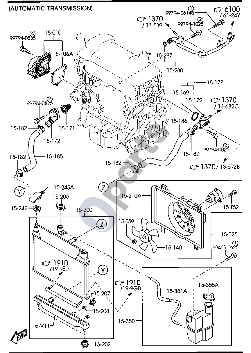 Mazda 2 (2007–2014) Aušinimo sistema (benzinas, automatinė transmisija) schema – pozicija 15171: Termostatas