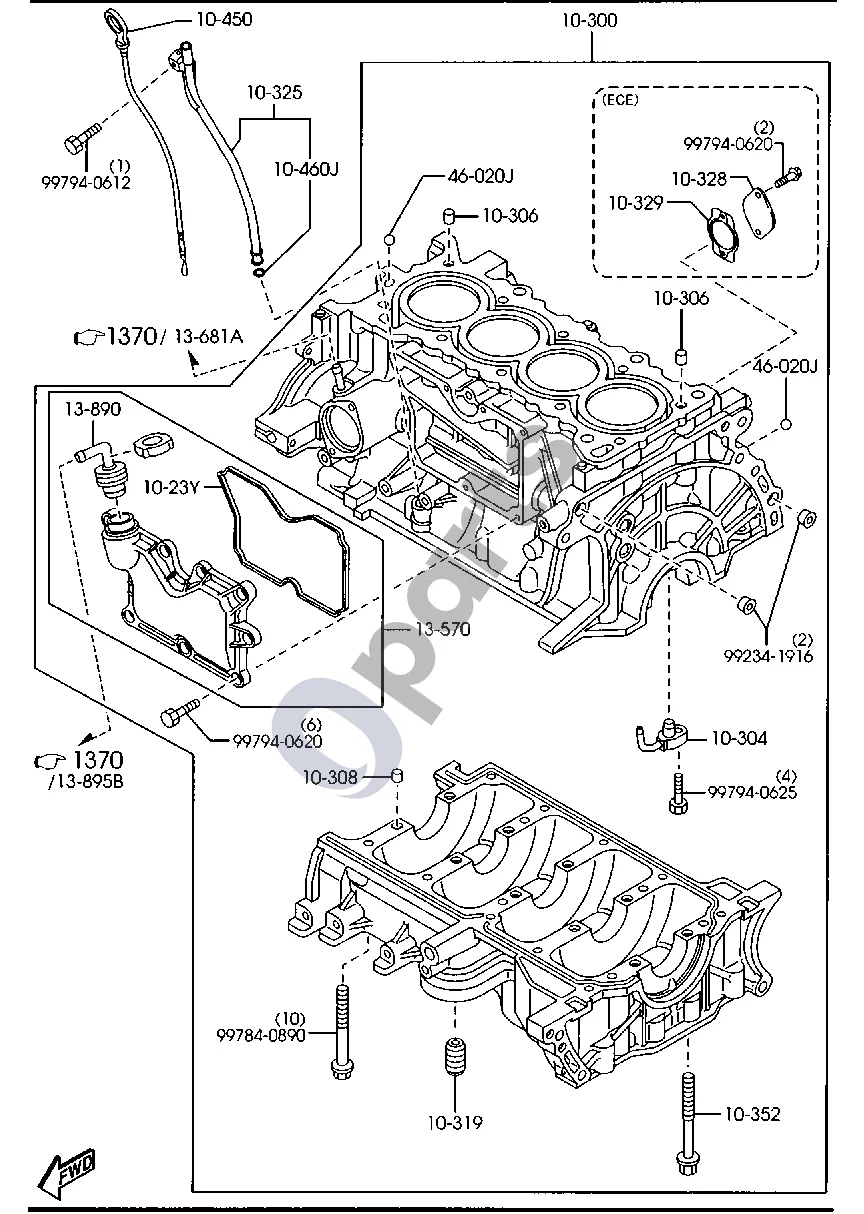 Mazda 2 (2007–2014) Cilindrų blokas (benzinas) schema – pozicija 13890: Vožtuvas, kartero ventiliacijos (PCV)