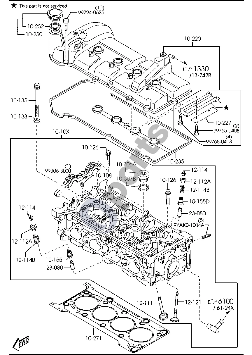Mazda 2 (2007–2014) Cilindrų galvutė ir dangtis (benzinas) schema – pozicija 10155D: Išmetimo vožtuvo sandariklis