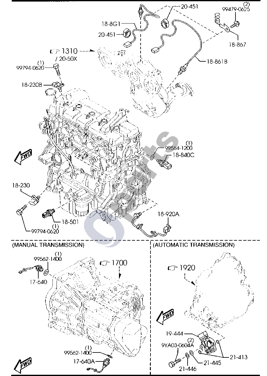 Mazda 2 (2007–2014) Variklio jungikliai ir relės (benzinas) schema – pozicija 18920A: Detonacijos jutiklis