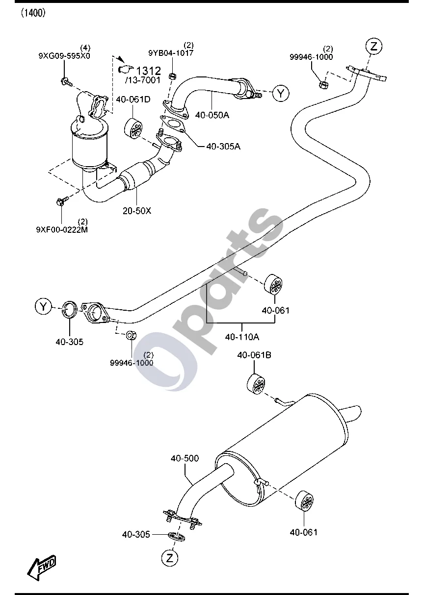 Mazda 2 (2007–2014) Išmetimo sistema (dyzelinas, 1400) schema – pozicija 40305: Tarpiklis