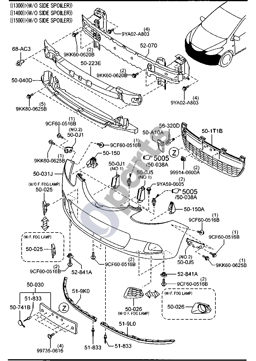 Mazda 2 (2007–2014) Priekinis bamperis ((1300, 1400, 1500) > (be šoninio spoilerio)) schema – pozicija 51833: Apsaugos nuo purslų kniedė